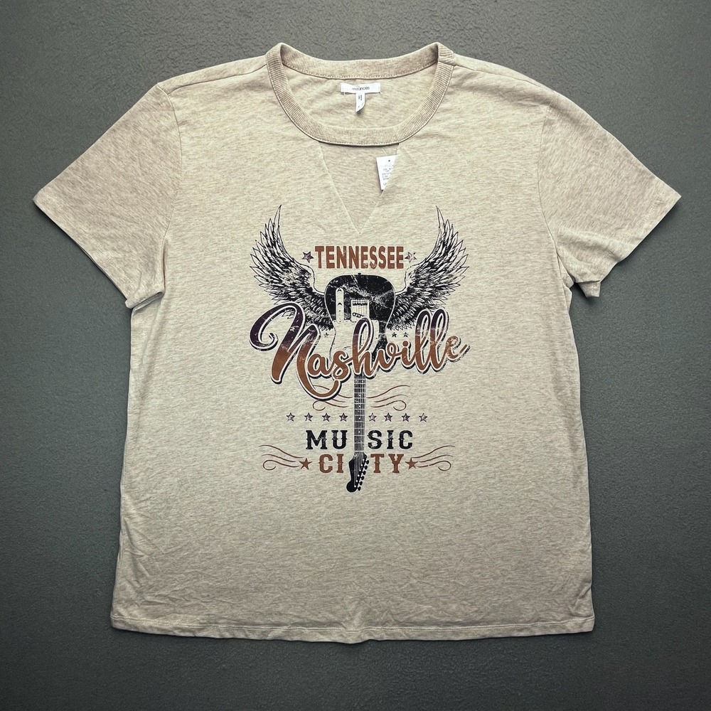Maurices Nashville Tennessee Music City Graphic Tee Tan Notched Neck Womens L‎